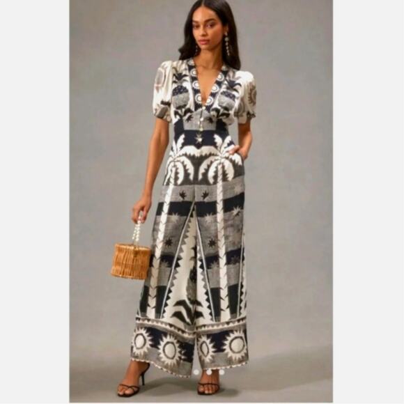 FARM Rio Pants - FARM Rio x Anthropologie Sun Palm Tree Tropical Puff-Sleeve Jumpsuit S